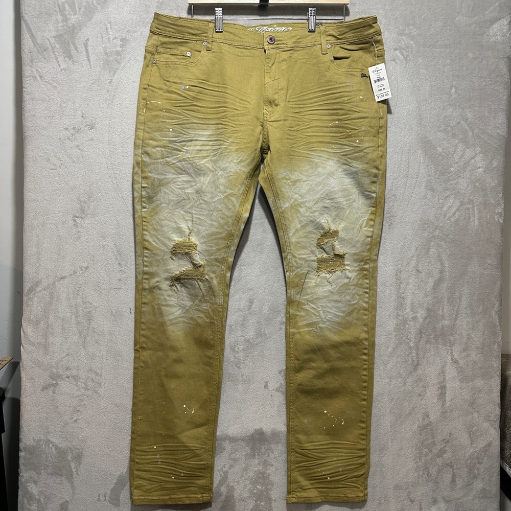 A. Tiziano Elvis Khaki Straight Fit Distressed Paint Splatter Jeans Mens 40